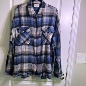 CZ Basics Men's Plaid Zip Up Flannel Shirt Jacket Fringe‎ Hem Blue Beige